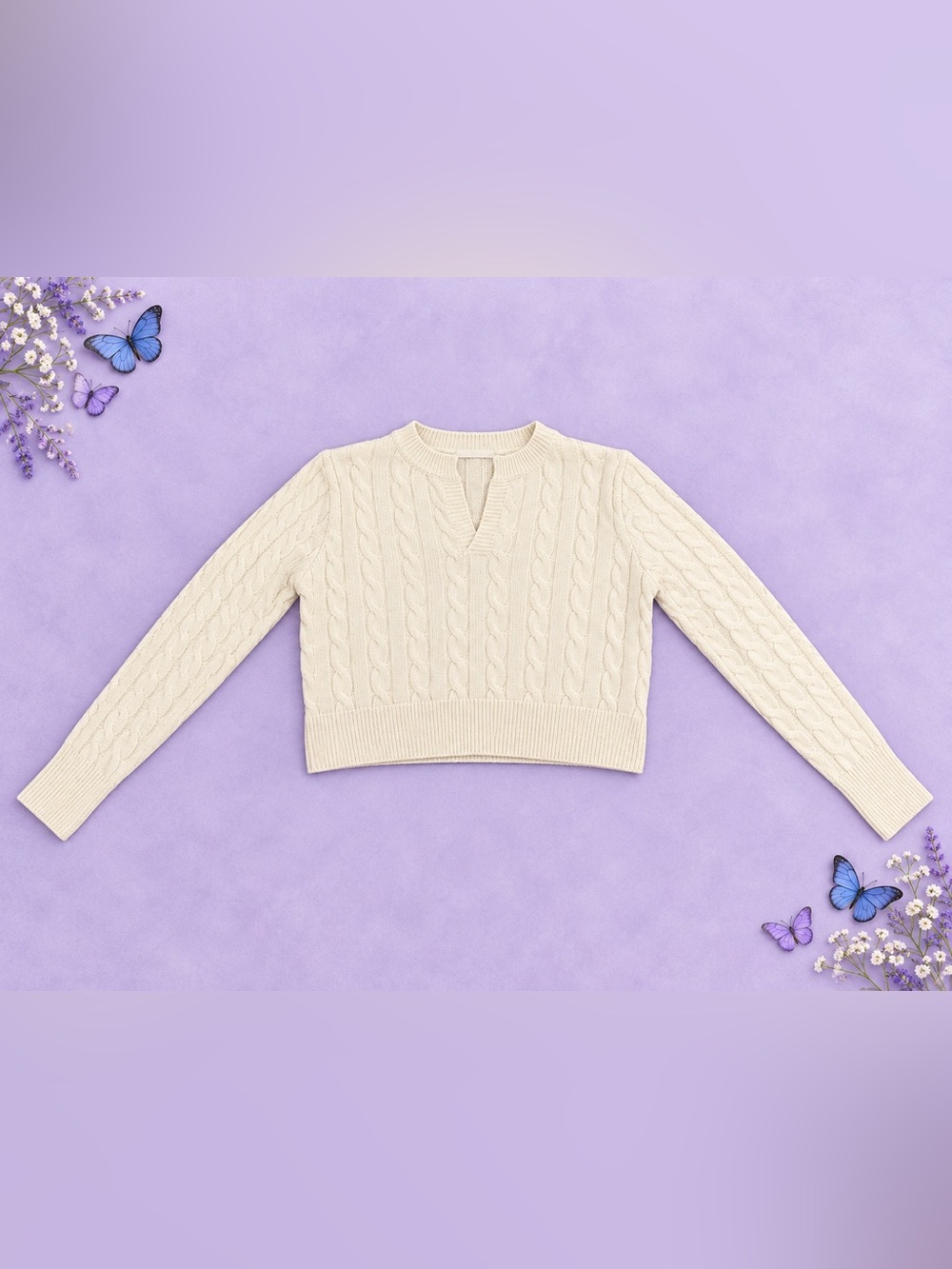 SHEIN Cream Cable V-Notch Sweater